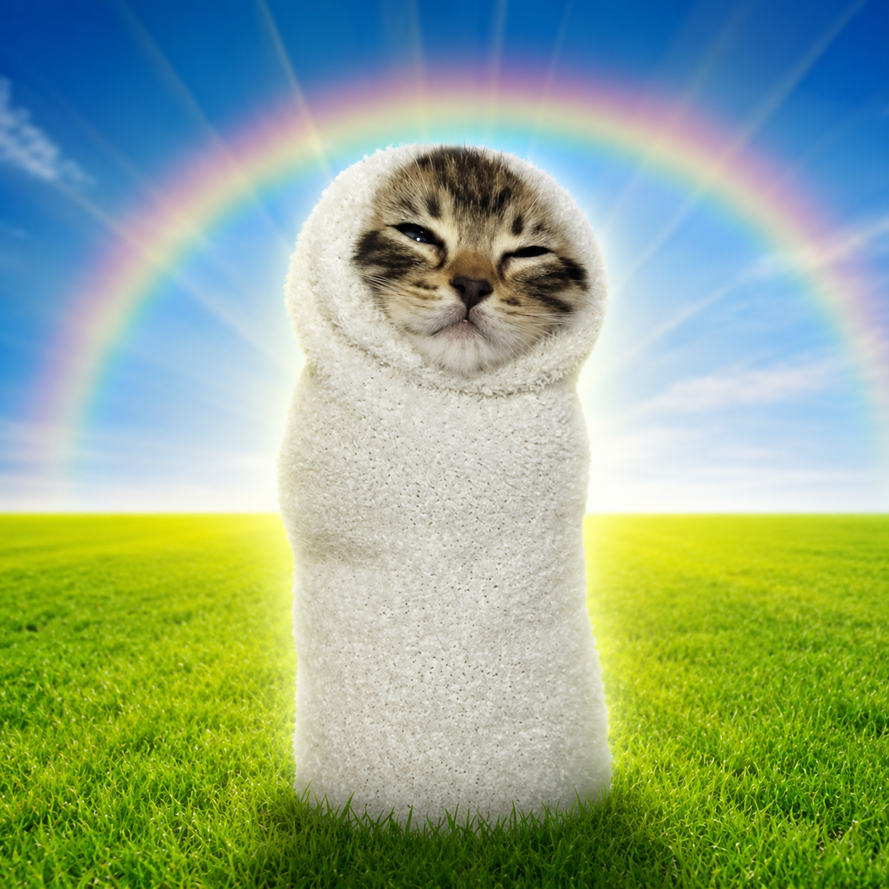 Sock Cat in a field under a rainbow