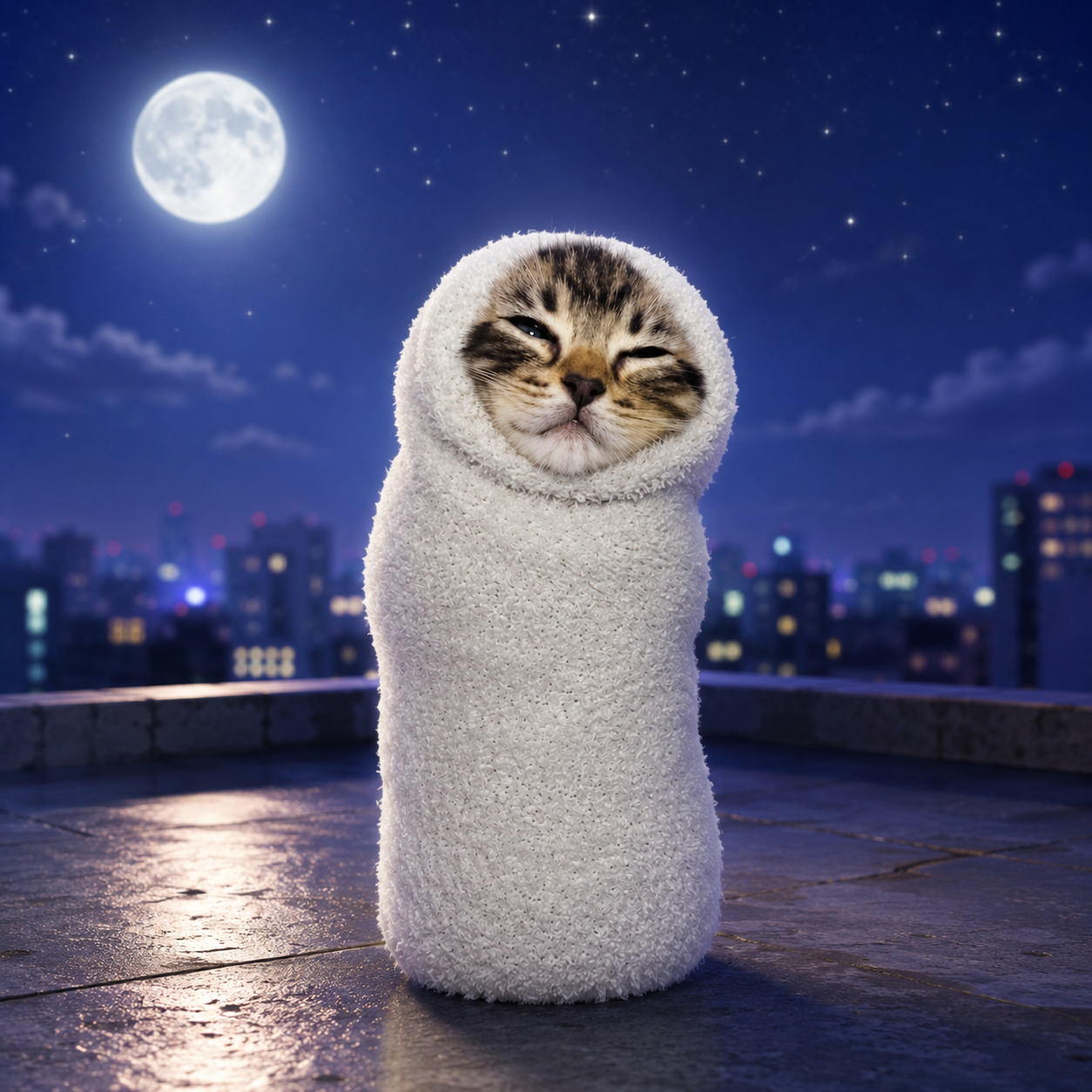 Sock Cat on a rooftop at night