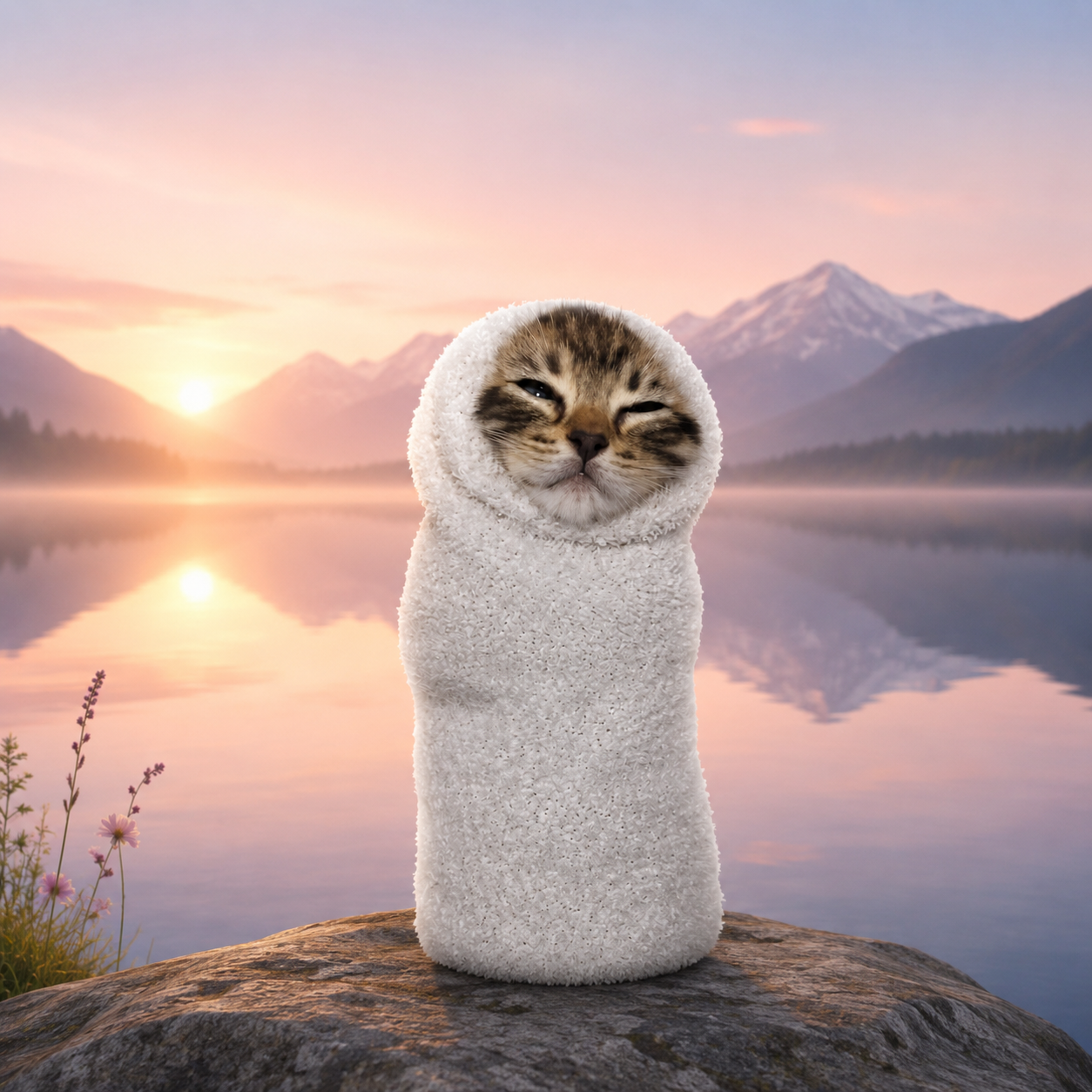 Sock Cat by a mountain lake at sunrise