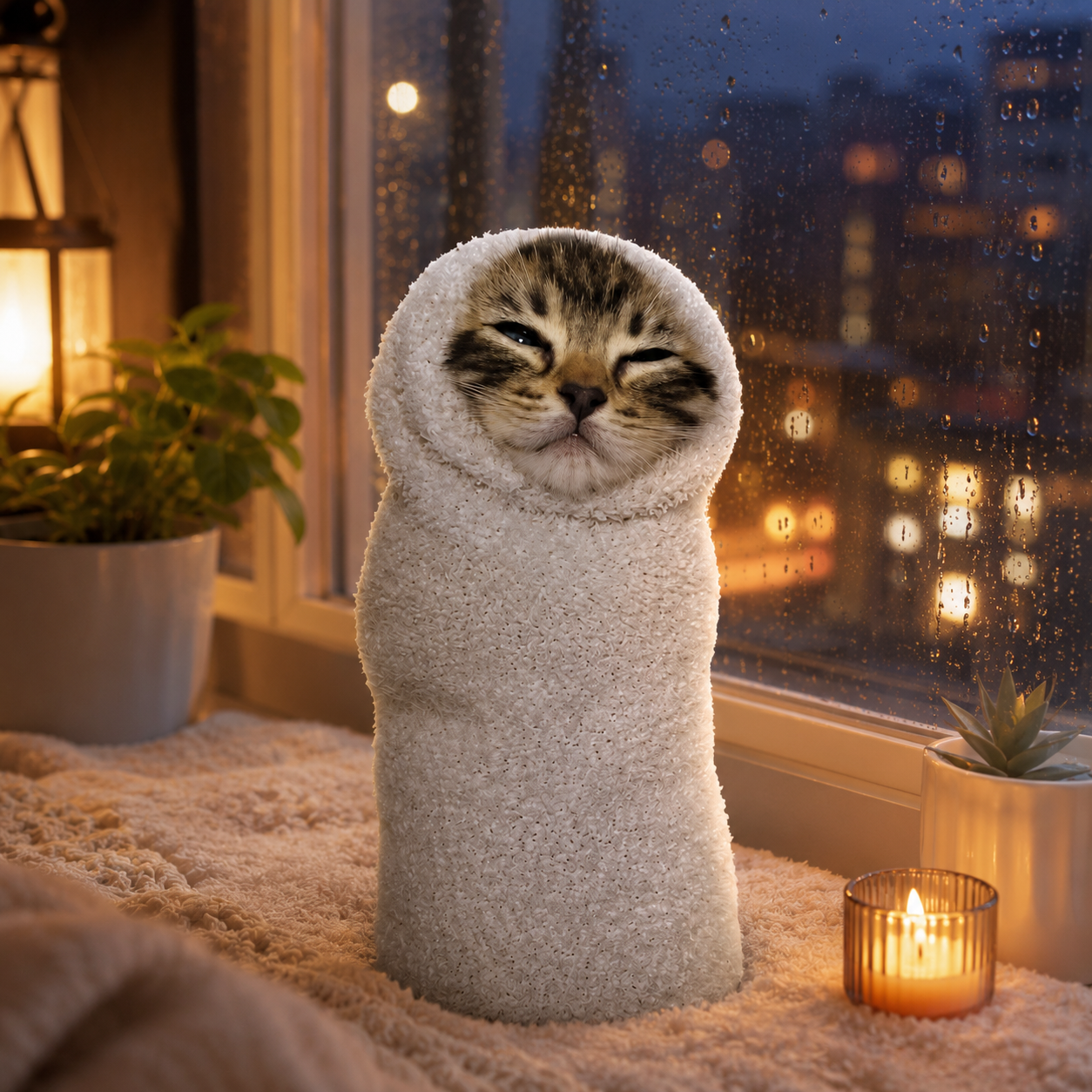 Sock Cat on a blanket by a rainy window